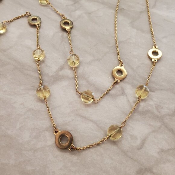 ✨ J.Crew Necklace Gold Yellow Beaded Faceted Station Disk Long Layer - Picture 4 of 7